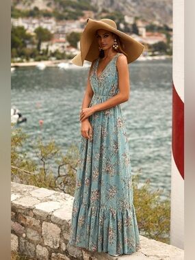 Alamour Turquoise Floral V-Neck Maxi Dress